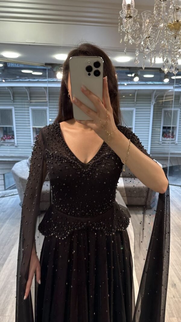 Black V Neck Beaded Chiffon A Line Evening Dress