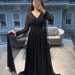 Black V Neck Beaded Chiffon Long Sleeve Evening Dress Black V Neck Beaded Chiffon Long Sleeve Evening Dress