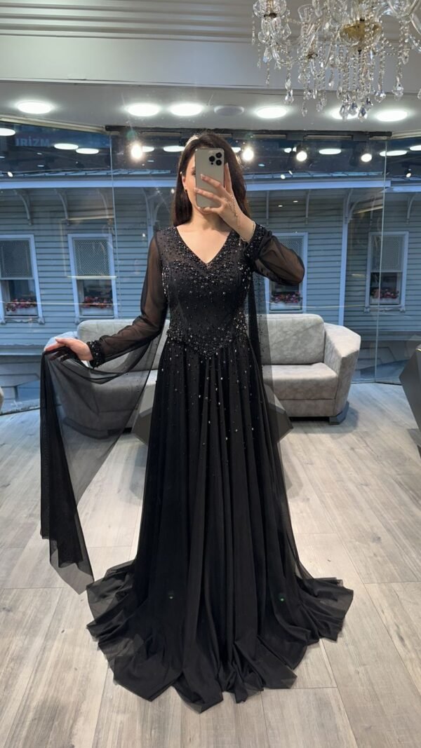 Black V Neck Beaded Chiffon Long Sleeve Evening Dress Black V Neck Beaded Chiffon Long Sleeve Evening Dress