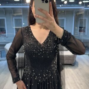 Black V Neck Beaded Chiffon Long Sleeve Evening Dress Black V Neck Beaded Chiffon Long Sleeve Evening Dress