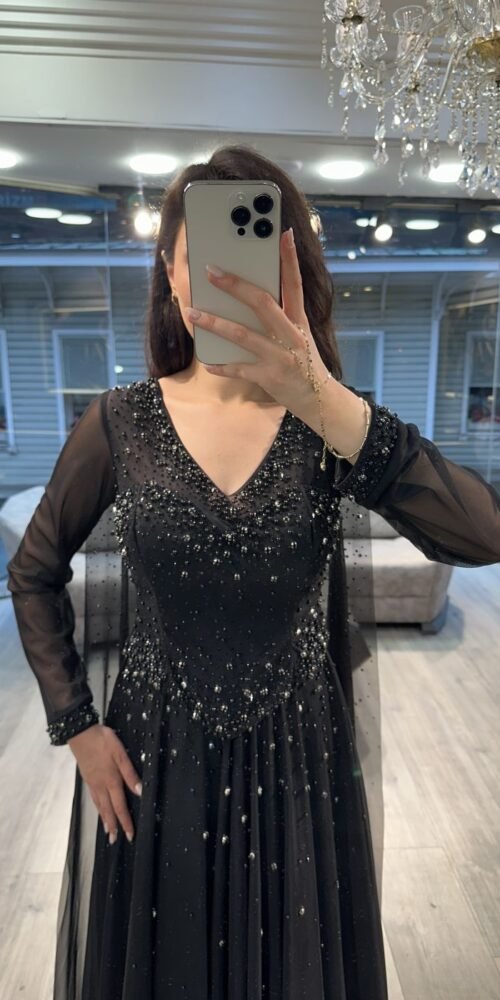 Black V Neck Beaded Chiffon Long Sleeve Evening Dress