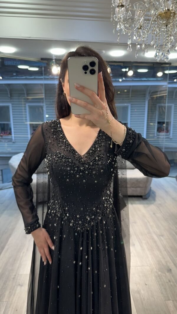 Black V Neck Beaded Chiffon Long Sleeve Evening Dress Black V Neck Beaded Chiffon Long Sleeve Evening Dress