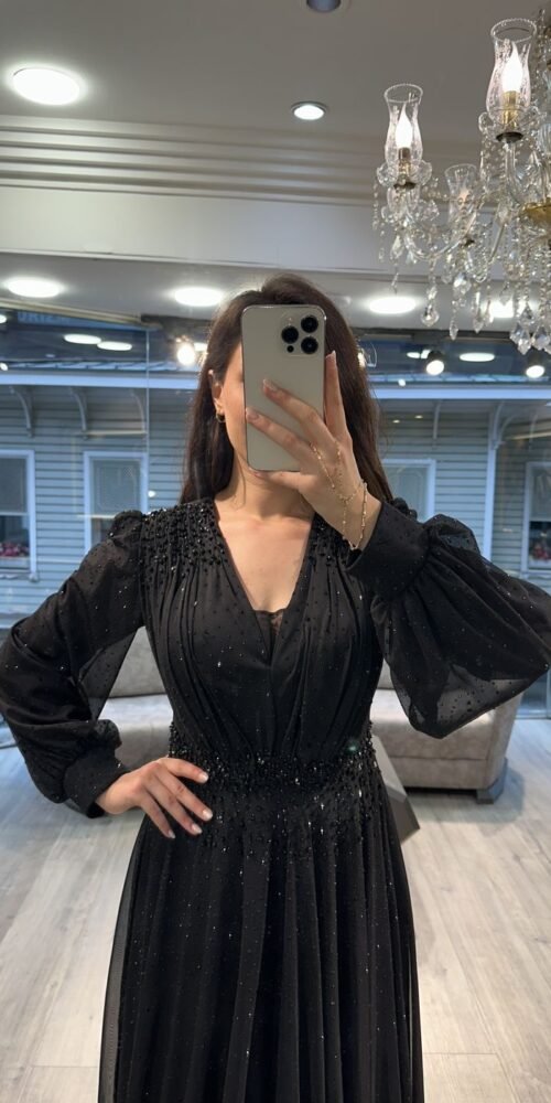 Black V Neck Long Sleeve Embellished Evening Dress
