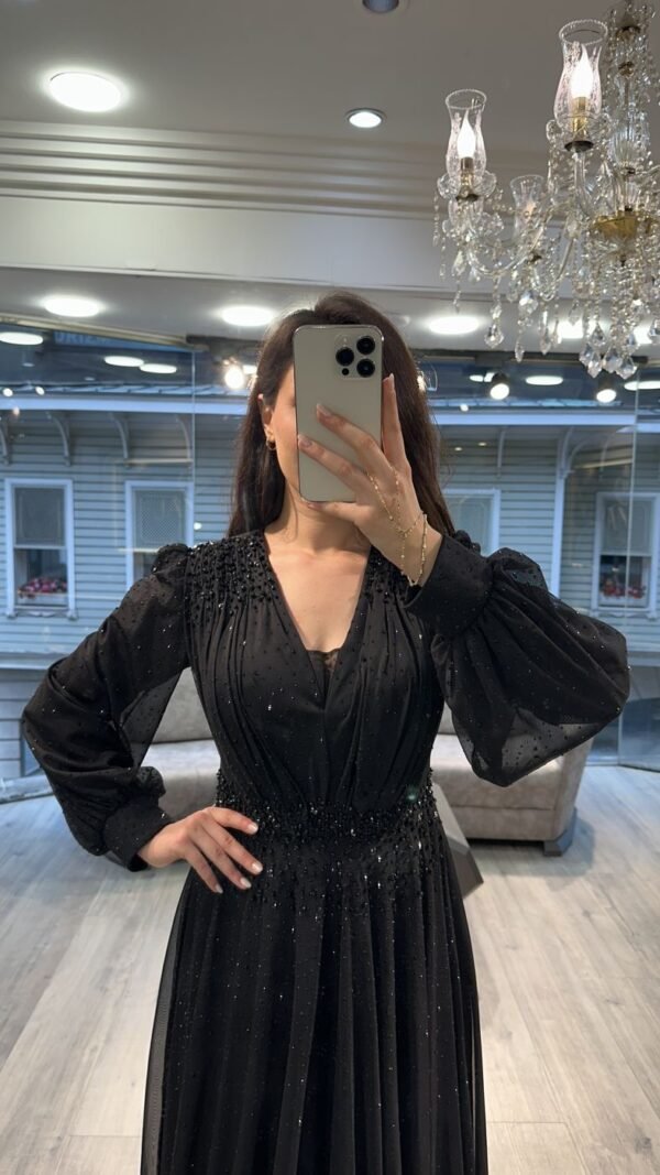 Black V Neck Long Sleeve Embellished Evening Dress
