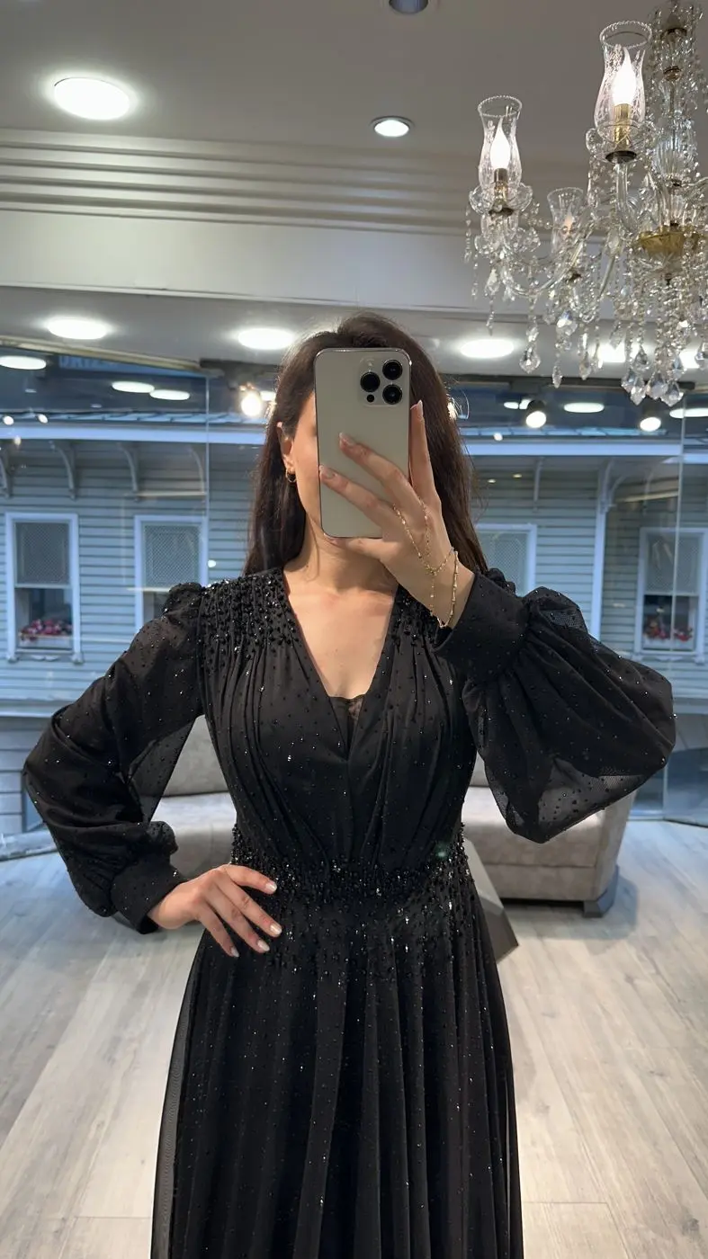 Black V Neck Long Sleeve Embellished Evening Dress