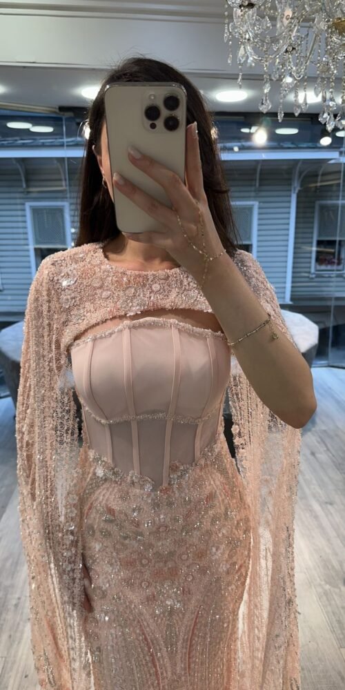 Blush Corset Embellished Evening Gown With Beaded Cape Blush Corset Embellished Evening Gown With Beaded Cape