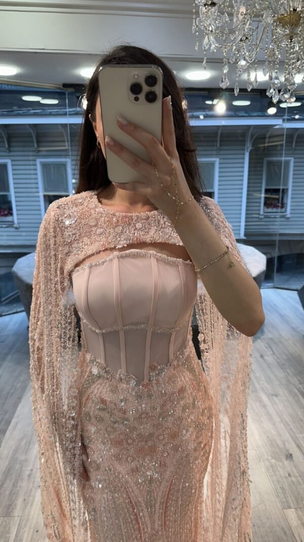 Blush Corset Embellished Evening Gown With Beaded Cape