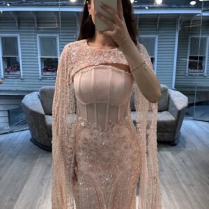 Blush Corset Embellished Evening Gown With Beaded Cape