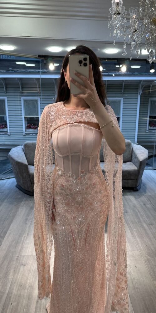 Blush Corset Embellished Evening Gown With Beaded Cape