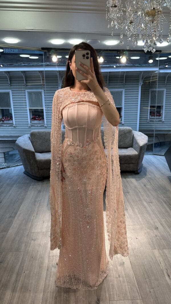 Blush Corset Embellished Evening Gown With Beaded Cape