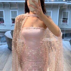 Blush Pink Strapless Beaded Evening Dress With Cape Blush Pink Strapless Beaded Evening Dress With Cape