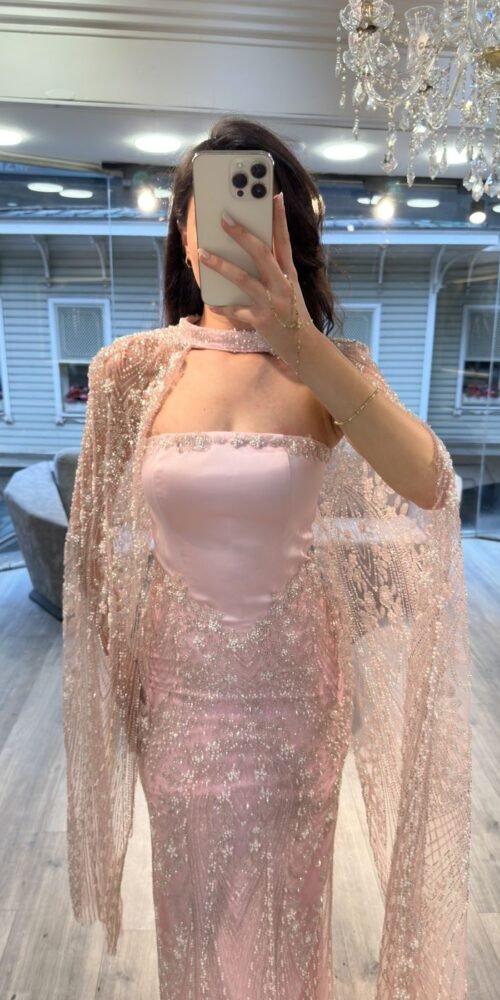 Blush Pink Strapless Beaded Evening Dress With Cape Blush Pink Strapless Beaded Evening Dress With Cape