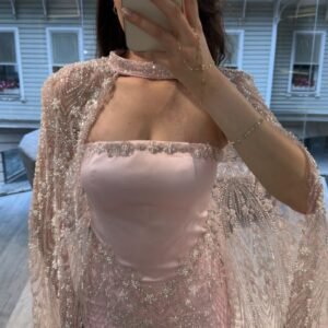 Blush Pink Strapless Beaded Evening Dress With Cape Blush Pink Strapless Beaded Evening Dress With Cape