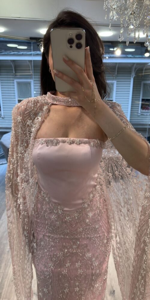 Blush Pink Strapless Beaded Evening Dress With Cape