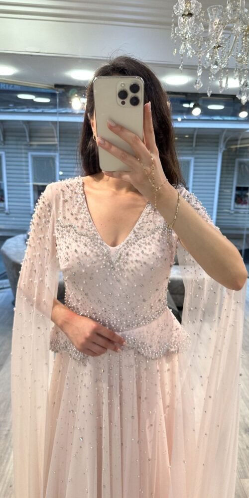 Blush Pink V Neck Beaded Chiffon Evening Dress With Cape