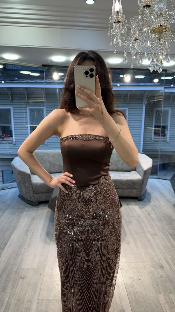 Brown Strapless Beaded Evening Gown With Sheer Cape