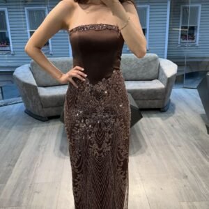 Brown Strapless Beaded Evening Gown With Sheer Cape