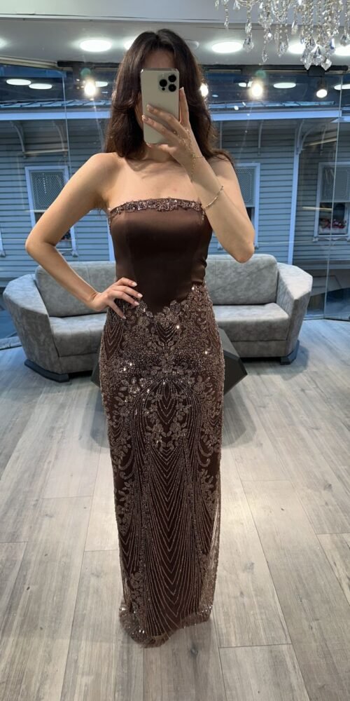 Brown Strapless Beaded Evening Gown With Sheer Cape