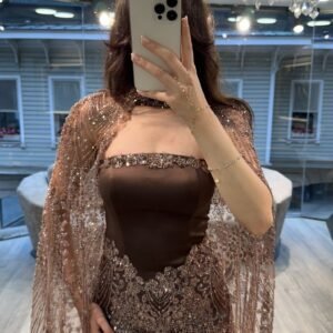 Brown Strapless Beaded Evening Gown With Sheer Cape