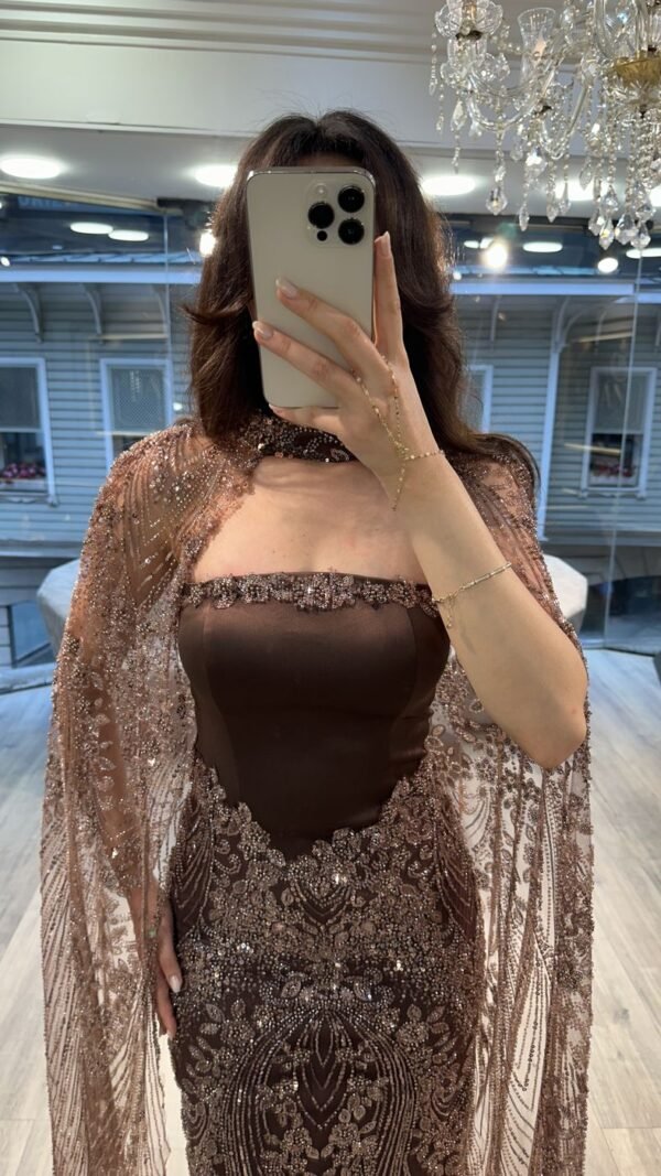Brown Strapless Beaded Evening Gown With Sheer Cape