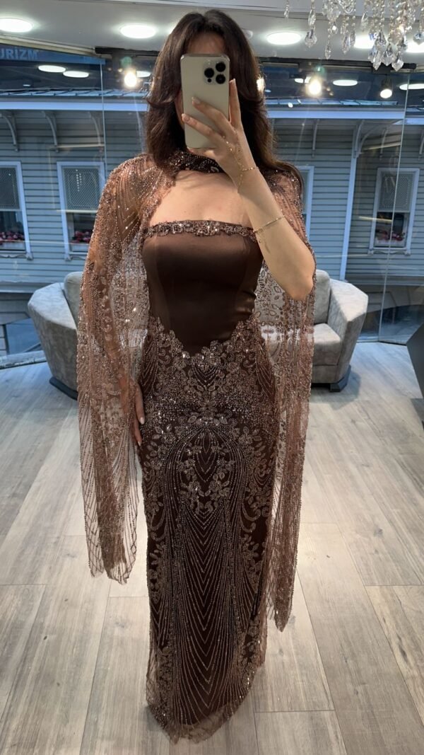 Brown Strapless Beaded Evening Gown With Sheer Cape