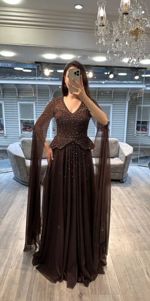 Brown V Neck Beaded Chiffon Evening Dress With Cape