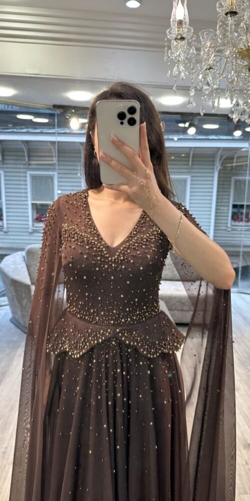 Brown V Neck Beaded Chiffon Evening Dress With Cape