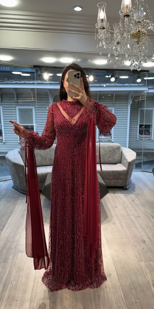 Burgundy Beaded Evening Dress With Sheer Balloon Sleeves