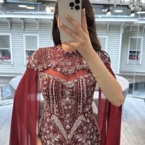 Burgundy Beaded Mermaid Evening Gown With Cape Sleeves