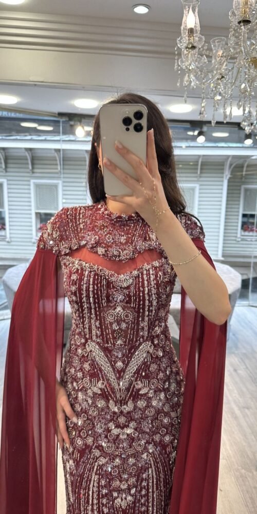 Burgundy Beaded Mermaid Evening Gown With Cape Sleeves