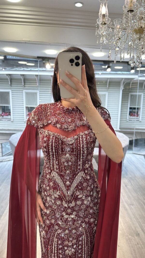 Burgundy Beaded Mermaid Evening Gown With Cape Sleeves