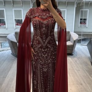 Burgundy Beaded Mermaid Evening Gown With Cape Sleeves