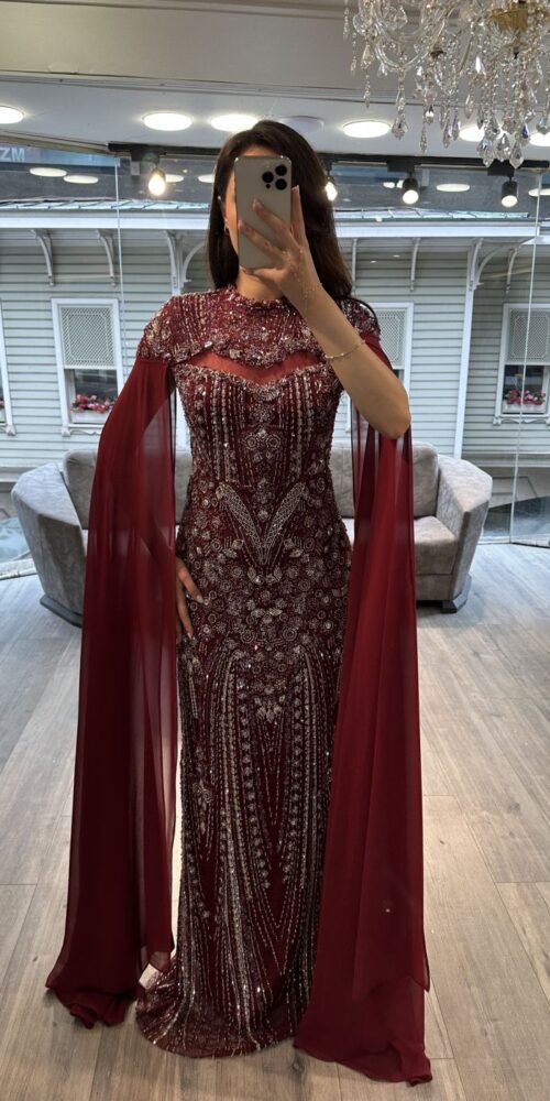 Burgundy Beaded Mermaid Evening Gown With Cape Sleeves