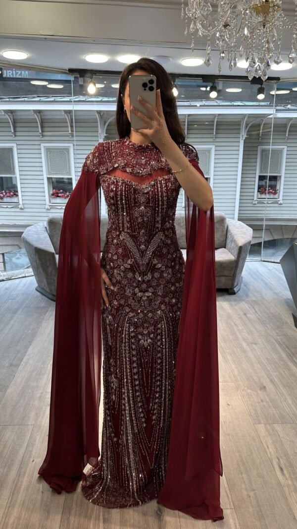 Burgundy Beaded Mermaid Evening Gown With Cape Sleeves