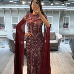 Burgundy Beaded Mermaid Evening Gown With Cape Sleeves