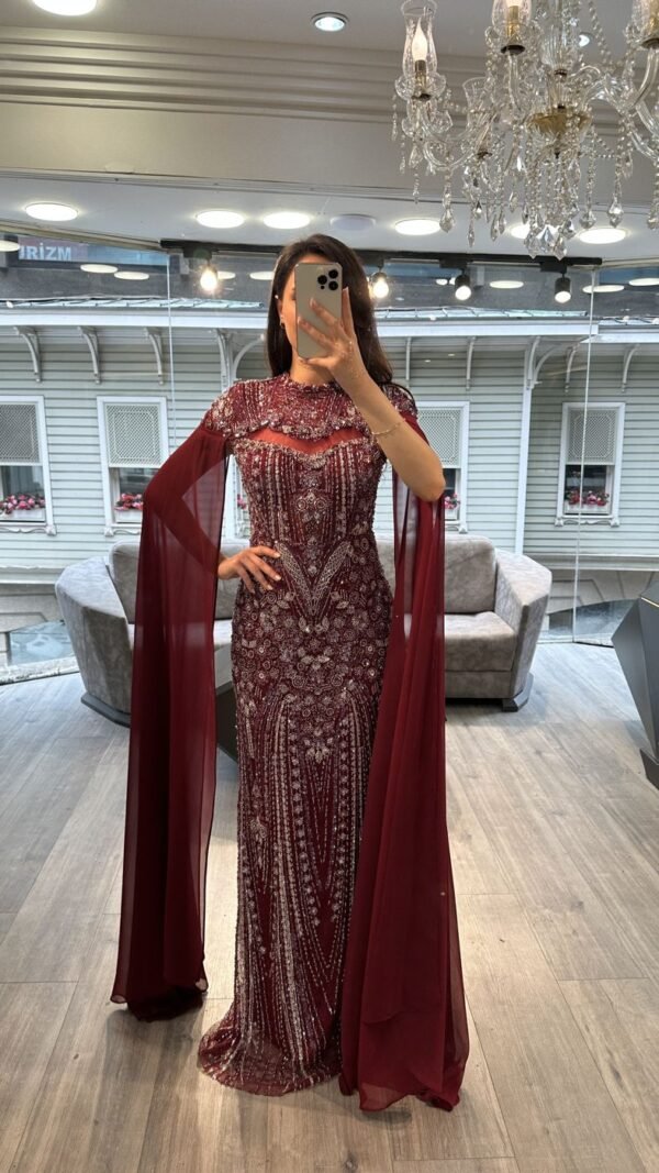 Burgundy Beaded Mermaid Evening Gown With Cape Sleeves