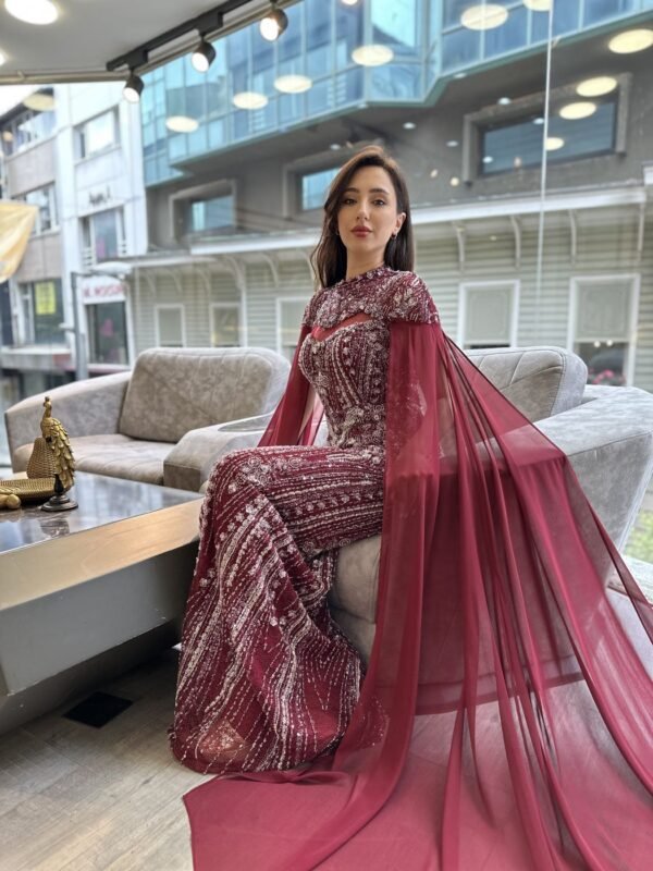 Burgundy Beaded Mermaid Evening Gown With Cape Sleeves