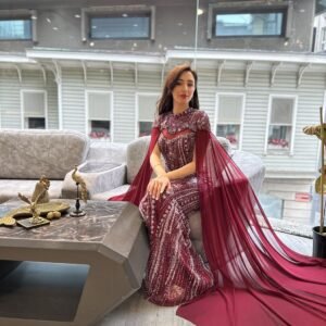 Burgundy Beaded Mermaid Evening Gown With Cape Sleeves