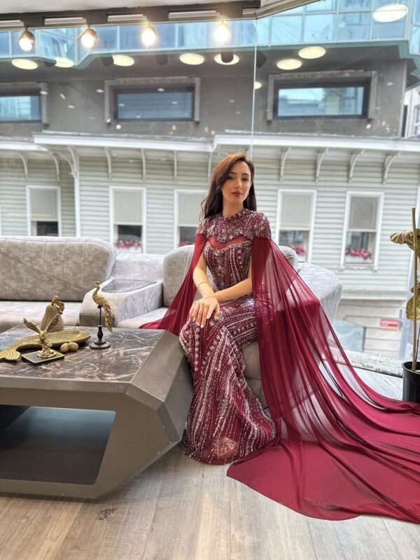 Burgundy Beaded Mermaid Evening Gown With Cape Sleeves