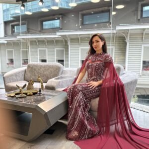 Burgundy Beaded Mermaid Evening Gown With Cape Sleeves