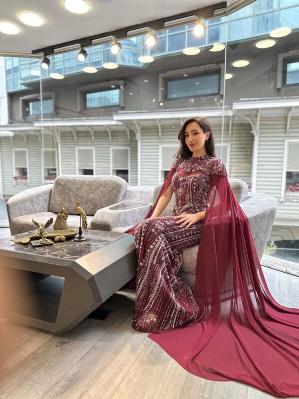 Burgundy Beaded Mermaid Evening Gown With Cape Sleeves