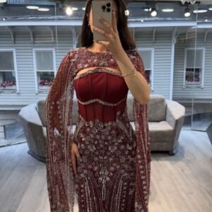 Burgundy Corset Beaded Mermaid Evening Gown With Cape