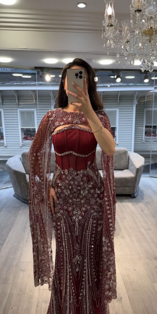 Burgundy Corset Beaded Mermaid Evening Gown With Cape