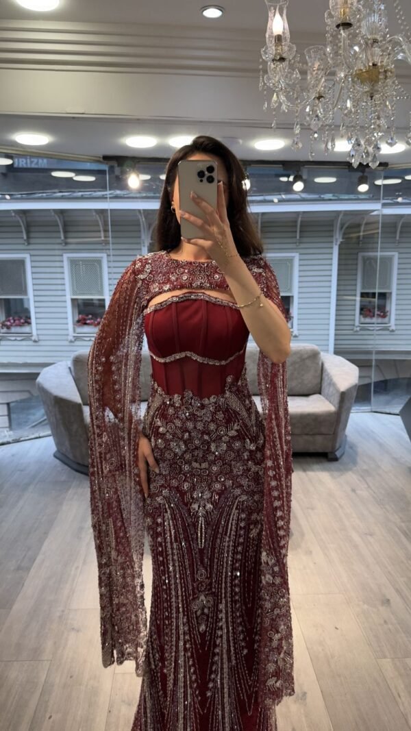 Burgundy Corset Beaded Mermaid Evening Gown With Cape