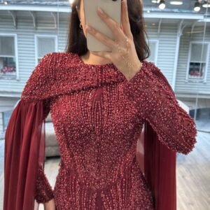 Burgundy Long Sleeve Beaded Evening Gown With Draped Cape Burgundy Long Sleeve Beaded Evening Gown With Draped Cape