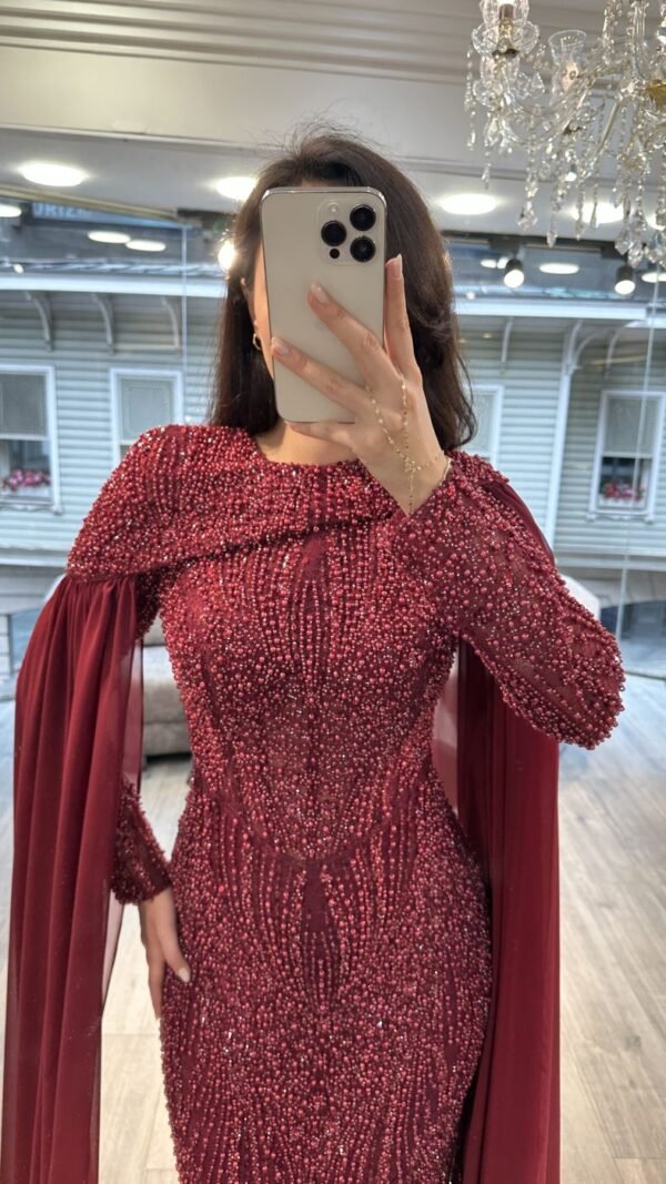 Burgundy Long Sleeve Beaded Evening Gown With Draped Cape Burgundy Long Sleeve Beaded Evening Gown With Draped Cape