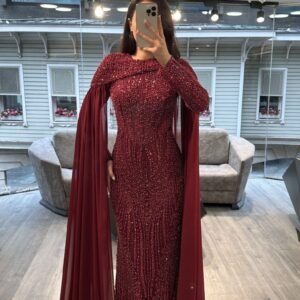 Burgundy Long Sleeve Beaded Evening Gown With Draped Cape Burgundy Long Sleeve Beaded Evening Gown With Draped Cape