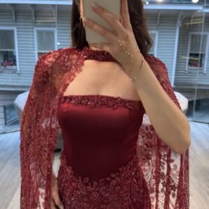 Burgundy Strapless Beaded Evening Gown With Lace Cape