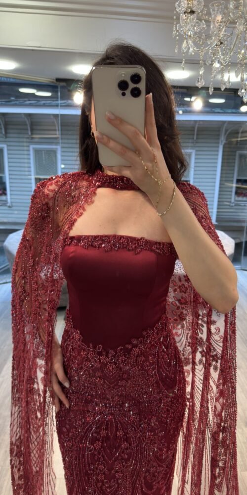 Burgundy Strapless Beaded Evening Gown With Lace Cape Burgundy Strapless Beaded Evening Gown With Lace Cape