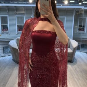 Burgundy Strapless Beaded Evening Gown With Lace Cape